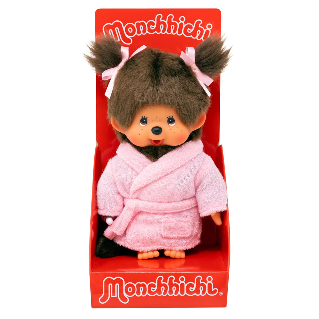 Sekiguchi 203802 - Original Monchhichi Mädchen im Bademantel, ca. 20 cm grosses Kuscheltier aus brau
