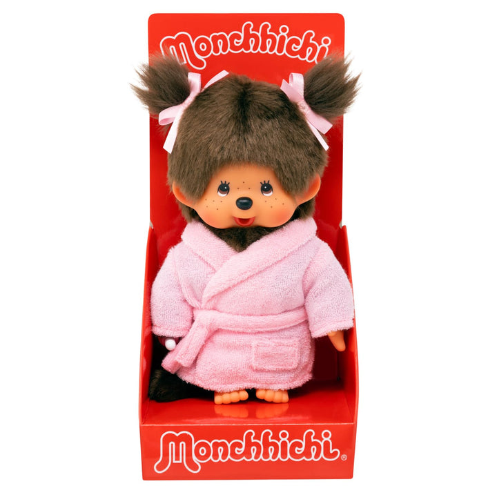 Sekiguchi 203802 - Original Monchhichi Mädchen im Bademantel, ca. 20 cm grosses Kuscheltier aus brau