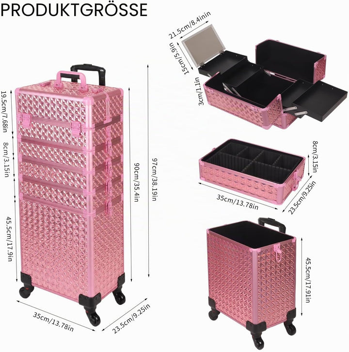 Kosmetikkoffer Trolley, 6-in-1 Schminkkoffer mit Spiegel & Schloss, Grosser Kosmetik Reisekoffer Mak