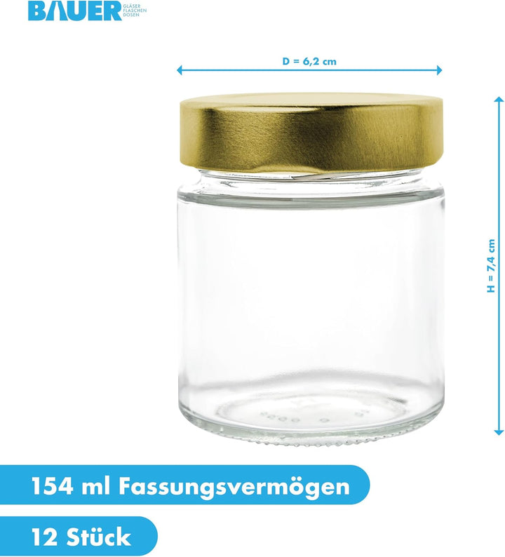 Flaschenbauer - 12er Set Gewürzgläser Set 212ml - TO 66 Deep Mündung, Goldenen Deckel - Ideal für Ge