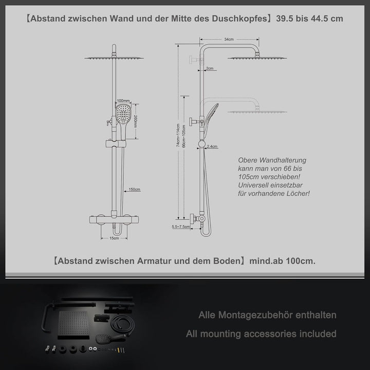 JOHO Regendusche Duschsystem Thermostat Duschset mit Thermostatarmatur, Wassersparend,Edelstahl Dusc