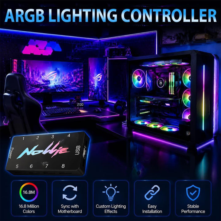 8-Port ARGB Controller, SGZIOO ARGB PWM Fan Hub, 5V 3 Pin RGB Controller PC mit 2 SATA-Kabel, Lüfter