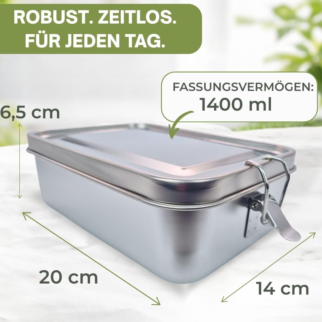 2x Premium Lunchbox 1400 ml aus Edelstahl – auslaufsichere Brotzeitbox mit 2 Trennwand & Dichtung –