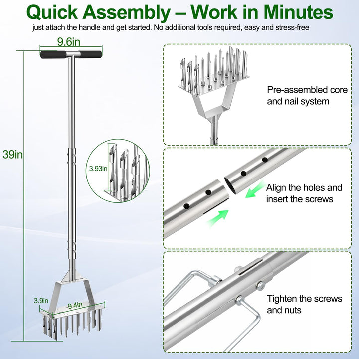 2-in-1 Rasenlüfter, Aerifizierer für Rasen mit 9 Spikes & 6 Kerne, Manueller Rasenbelüfter für Rasen