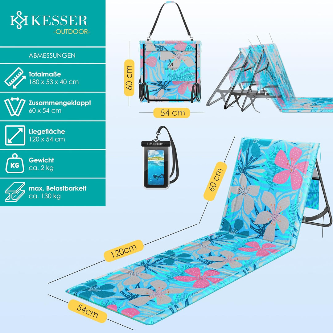KESSER® Klappbare Strandmatte mit Verstellbarer Rückenlehne – Faltbare Strandliege mit Tragegurt, wa