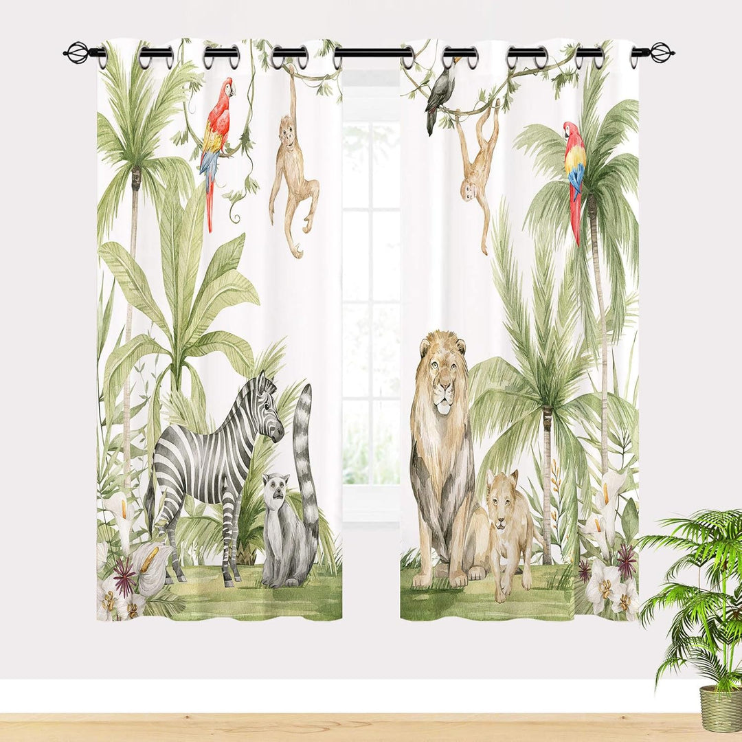 YUANZU Afrikanische Tier Vorhänge Safari Dschungel Löwe Zebra Affen Papageien Palmen Blumen Ösen Gar