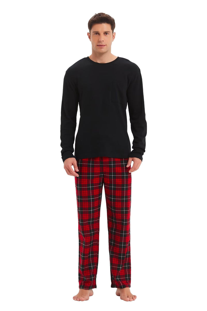GLOBAL Herren Schlafanzüge Flanell Herren Pyjama Set Baumwolle Langarm-Pullover Oberteil und elastis