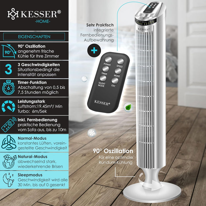KESSER® Turmventilator mit Fernbedienung | 90° Oszillationswinkel | 3 Stufen | 90 cm |+ Timerfunktio