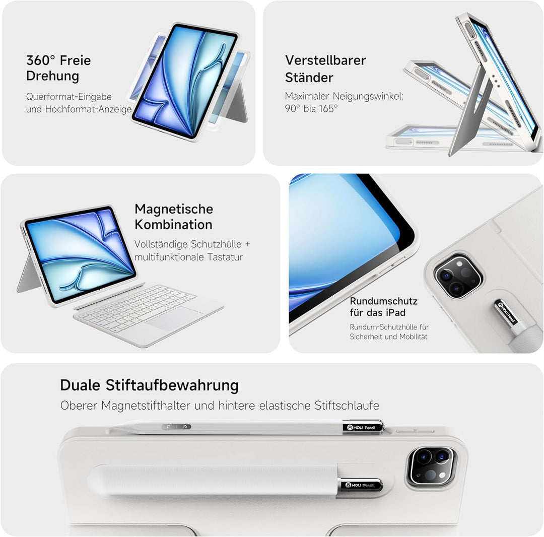 HOU 360° Drehbare Abnehmbare Hülle mit Tastatur für iPad Air 11" M4M3/M2, Air 5/4. Gen, Pro 11" 4./3