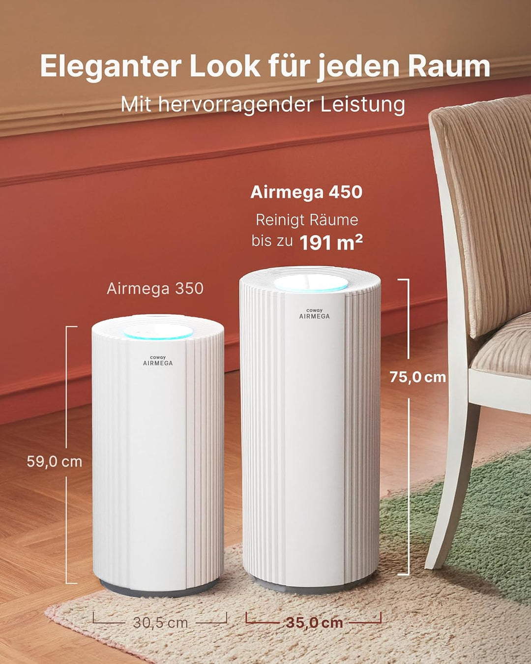 COWAY Luftreiniger für grosse Räume, CADR 734m³/h, reinigt 153m² in 30 Min., HEPA Filter gegen Rauch