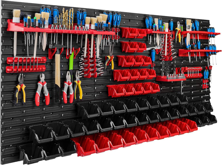 Lagersystem Werkstattregal | 172 x 78 cm | 56 stck. Box | Wandregal mit Werkzeughalterungen und Stap