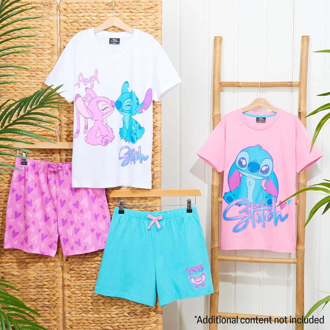 Disney Stitch Schlafanzug Mädchen Kurz, Pyjama T-Shirt & Shorts - Stitch Sachen, 6-7 Jahre Rosa/Blau
