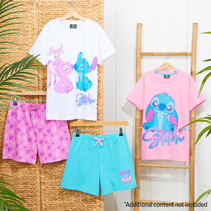 Disney Stitch Schlafanzug Mädchen Kurz, Pyjama T-Shirt & Shorts - Stitch Sachen, 6-7 Jahre Rosa/Blau