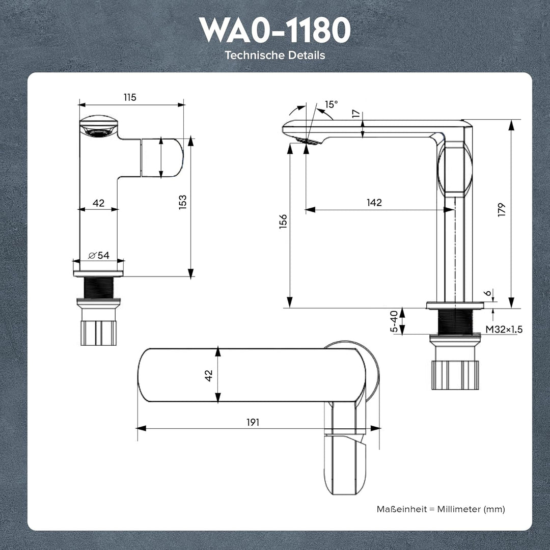 doporro Wasserhahn Bad, Waschtischarmatur mit Auslaufhöhe 156 mm, Vollmessing-Körper，Mischbatterie f