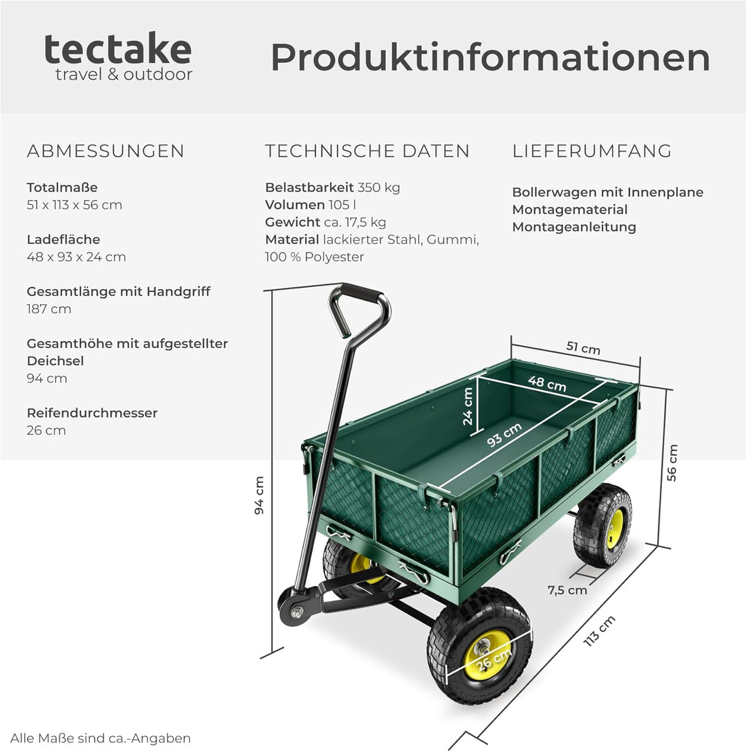 tectake® Bollerwagen, Handwagen mit Seitenwand klappbar, Transportwagen für Strand, Rollwagen für Ga