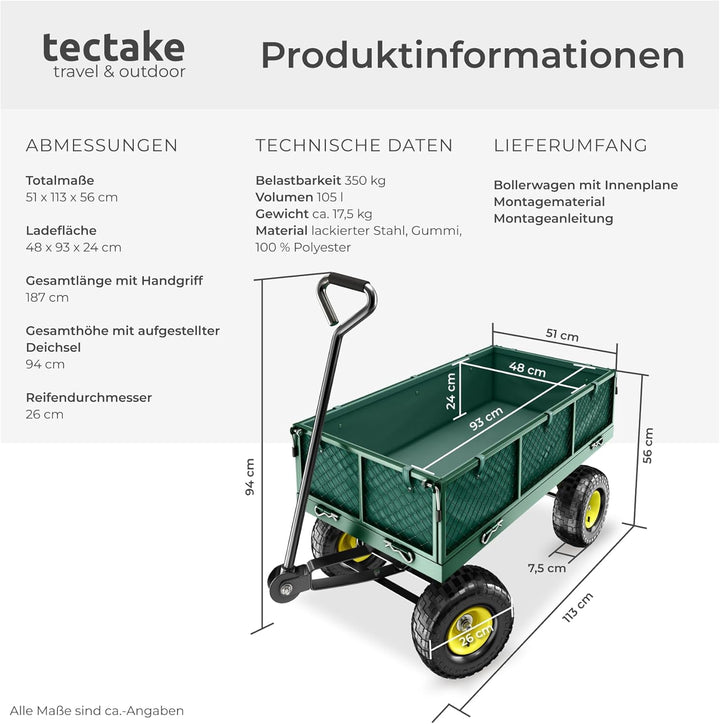 tectake® Bollerwagen, Handwagen mit Seitenwand klappbar, Transportwagen für Strand, Rollwagen für Ga