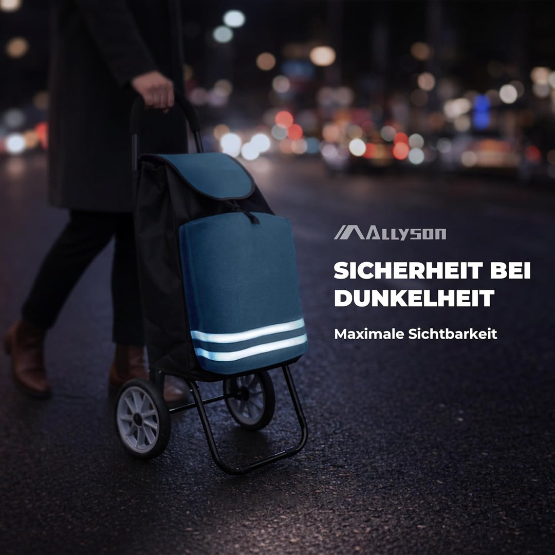Allyson® Einkaufstrolley klappbar mit Reflektoren & Kühltasche, Einkaufswagen 45L Kapazität, Wetterf