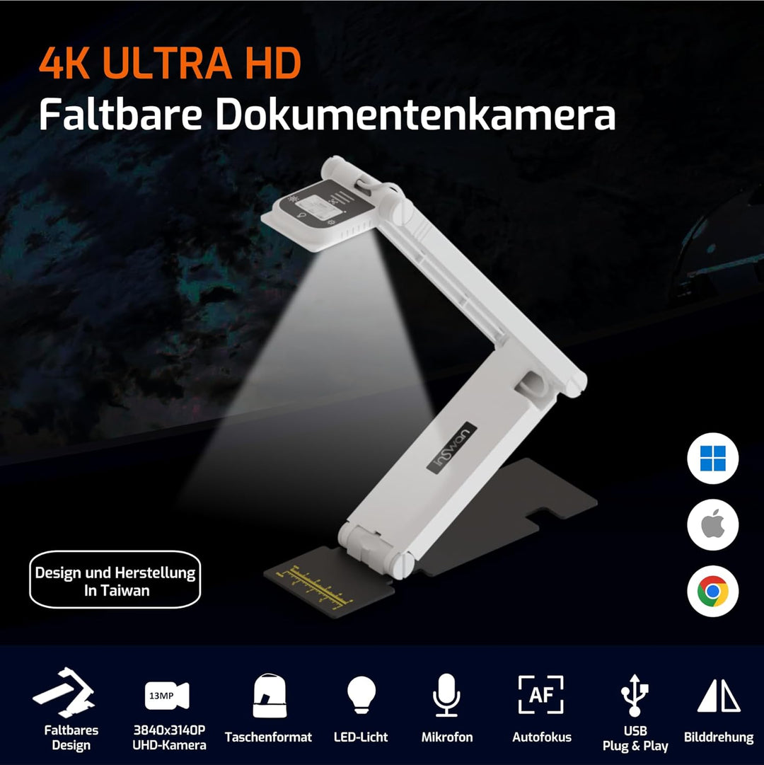 INS-Flip 4 4K USB Dokumentenkamera/Webcam – 13MP Ultra HD, faltbares Design, Autofokus, Mikrofon, LE