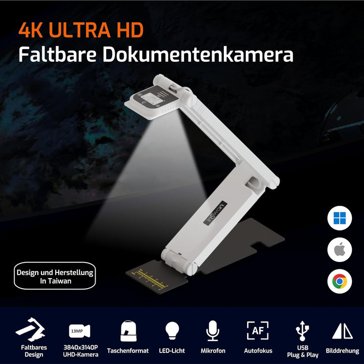 INS-Flip 4 4K USB Dokumentenkamera/Webcam – 13MP Ultra HD, faltbares Design, Autofokus, Mikrofon, LE