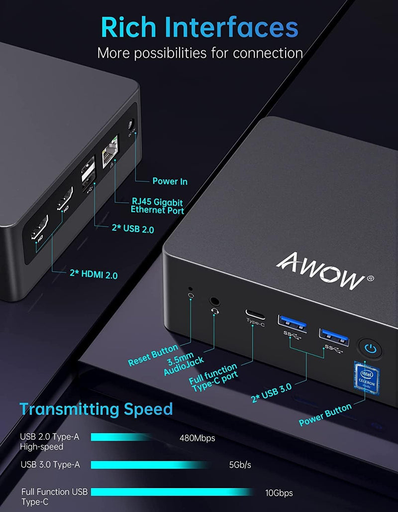 AWOW Mini PC Wi-11 Pro Celeron J4125 mit 8 GB DDR4/ 128 GB NVMe M.2 SSD 4K@60Hz, Desktopcomputer Dua