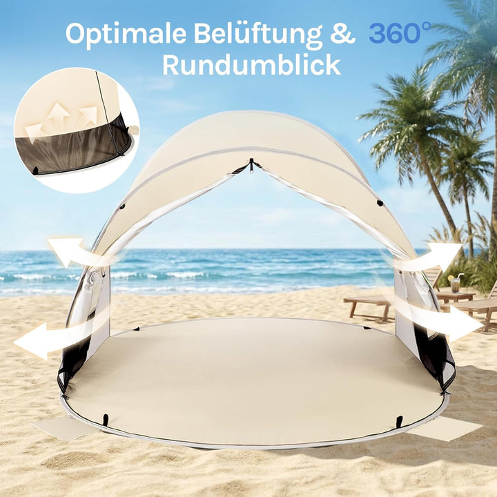 Wolfwise Pop Up Strandmuschel für 3-4 Personen, Sofort Aufbau, UV-Schutz 50+, Wasserabweisend, Belüf
