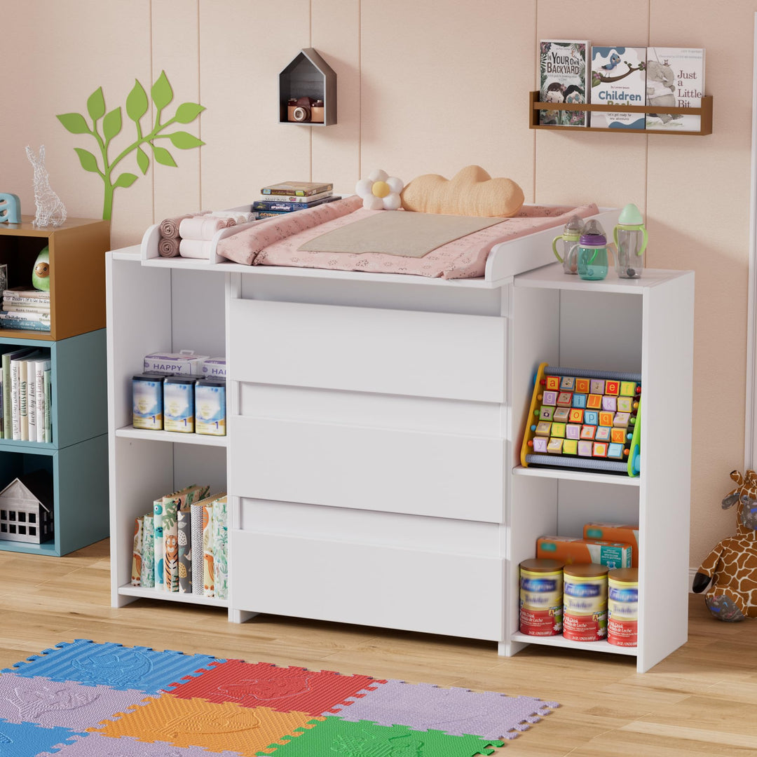 2-in-1 Wickelkommode mit abnehmbarem Wickelaufsatz,Baby Wickeltisch Weiss, Kommode mit 3 Schubladen