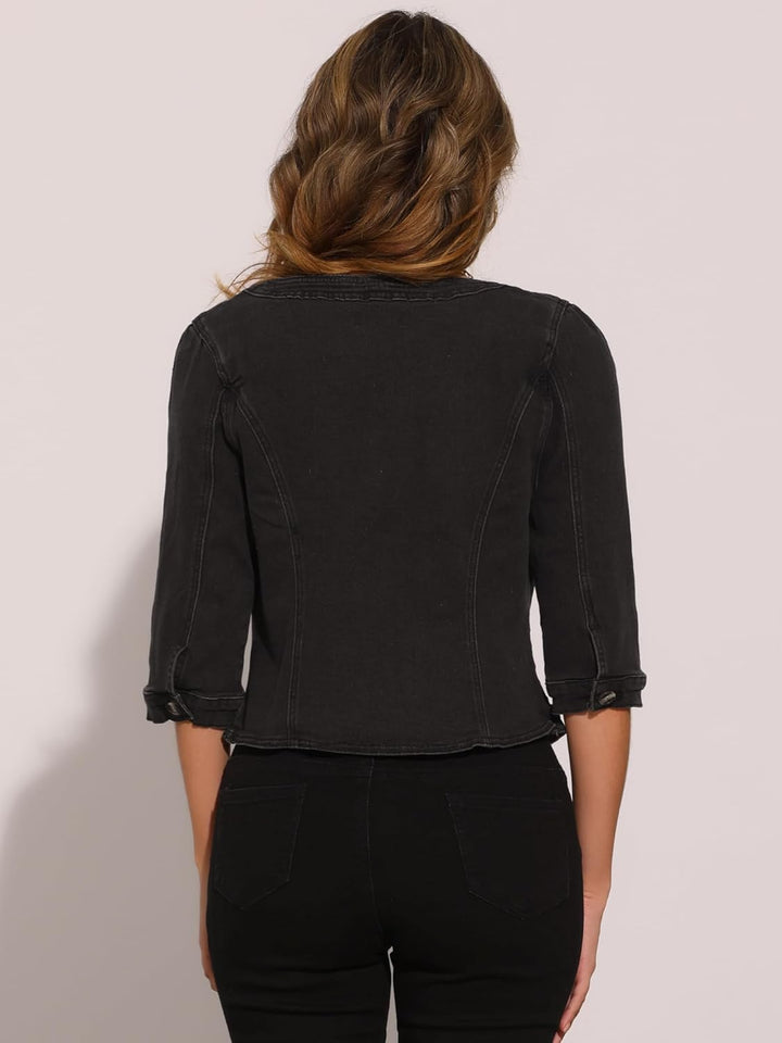 Allegra K Damen Jeansjacke 3/4 Ärmel Open Front Kragenlos Jacke mit Taschen XL Schwarz, XL Schwarz