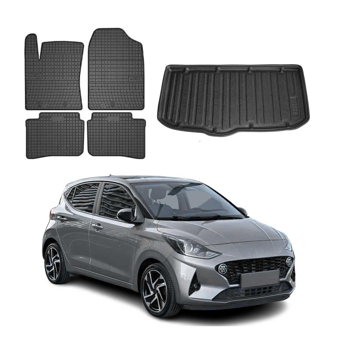 Fussmatten & Kofferraumwanne Set kompatibel mit Hyundai i10 2019-2025 Gummi TPE Schwarz 5X
