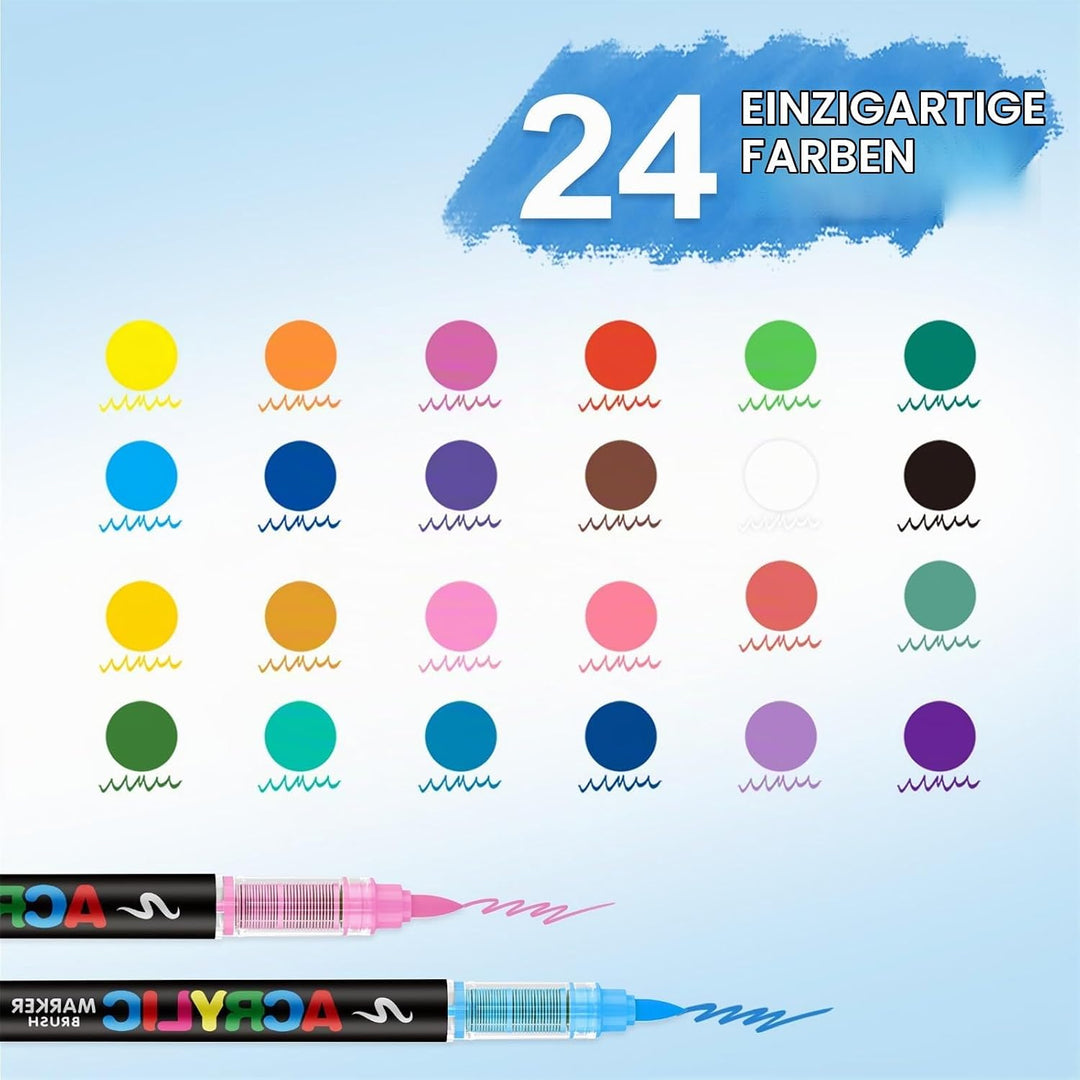 24 Farben Acrylstifte Marker Set für Stoff, Leinwand, Glas, Holz und Papier, 24