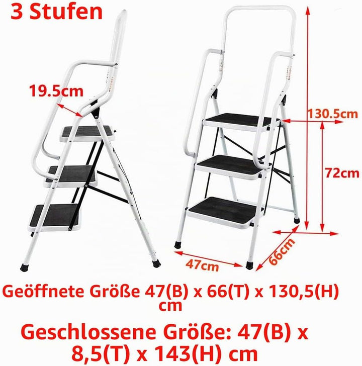 Trittleiter 3 Stufen Klapptritt mit Sicherheitshandlauf Klappsicherheit Rutschfest Matt Sicher Hochl