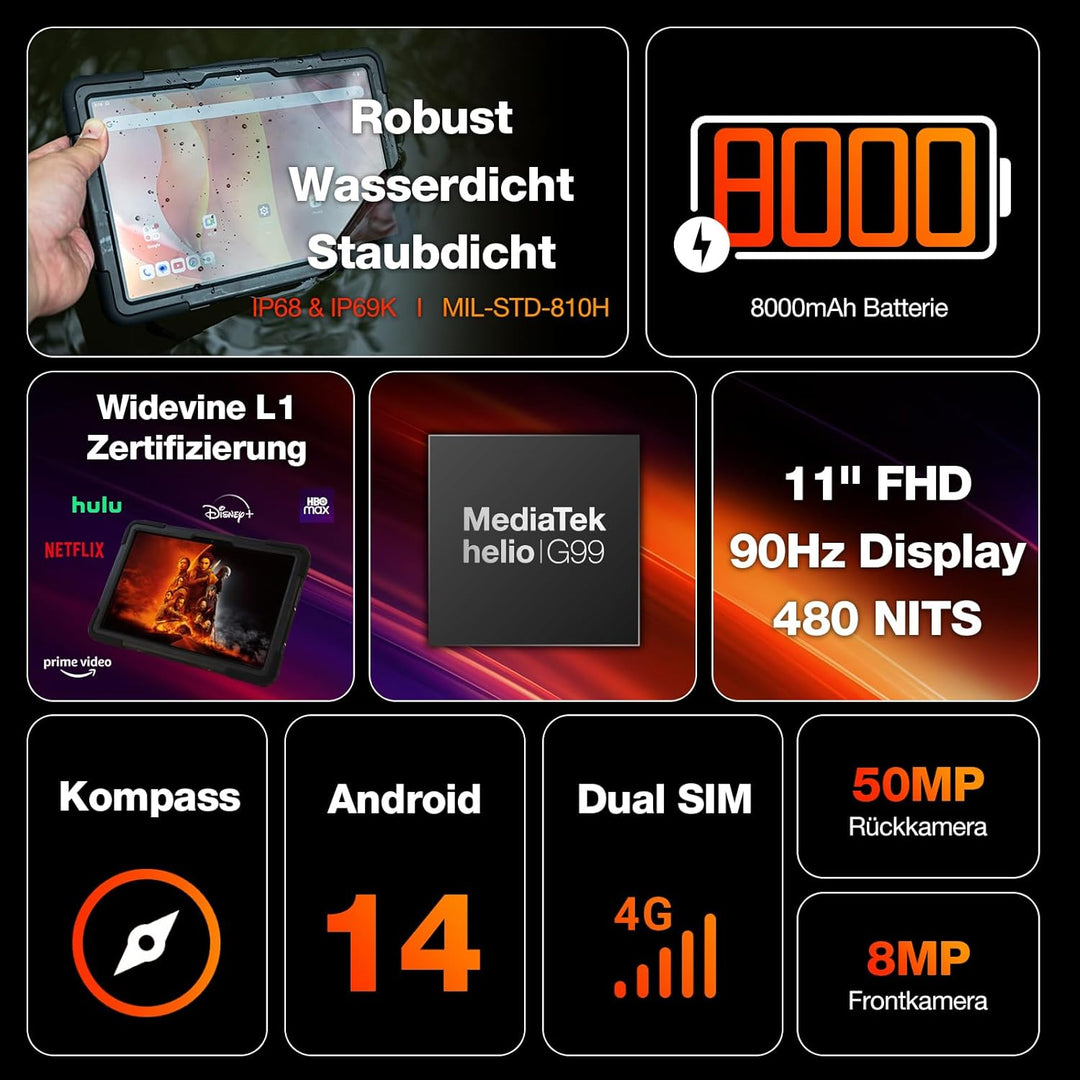 AGM PAD P2 Active Android Tablet mit Tastatur und Stift (2024), 16(8+8) GB + 256GB, 11'' FHD Wasserd