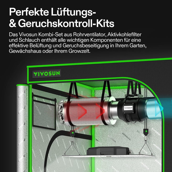 VIVOSUN Inline-Rohrventilator 100mm Abluftventilator 323m³/h mit Drehzahlregler 100mm Aktivkohlefilt