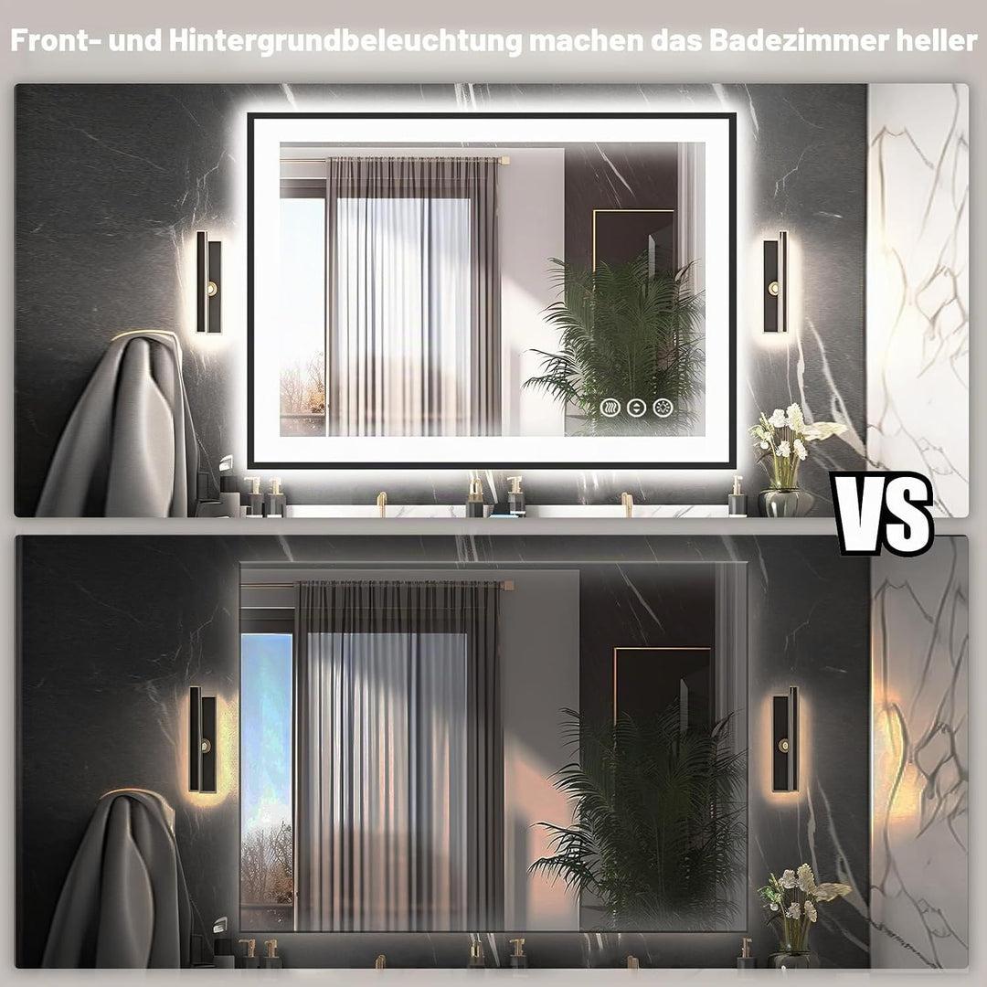 EchosLife 100x90cm Badspiegel mit Beleuchtung, Hartglas Badspiegel LED Antibeschlag, Schwarzer Alumi
