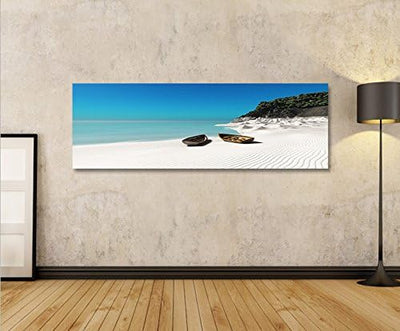 islandburner Bild Bilder auf Leinwand Zwei Boote am Strand Seychellen Weisser Sand Panorama XXL Post