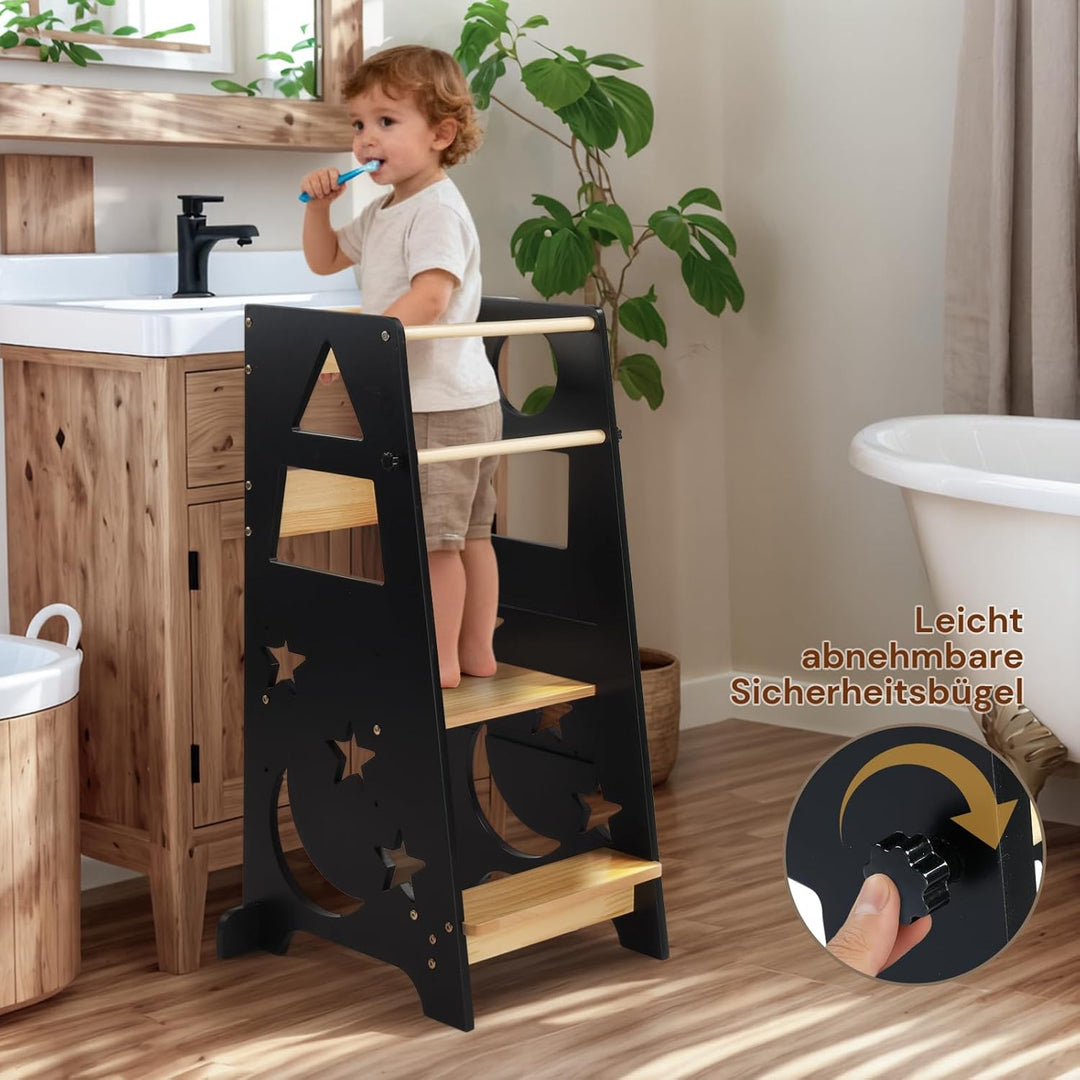LEADZM Lernturm ab 1 Jahr，Learning Tower，3-Stufige Höhenverstellung aus Holz，mit Anti-Rutsch-Streife