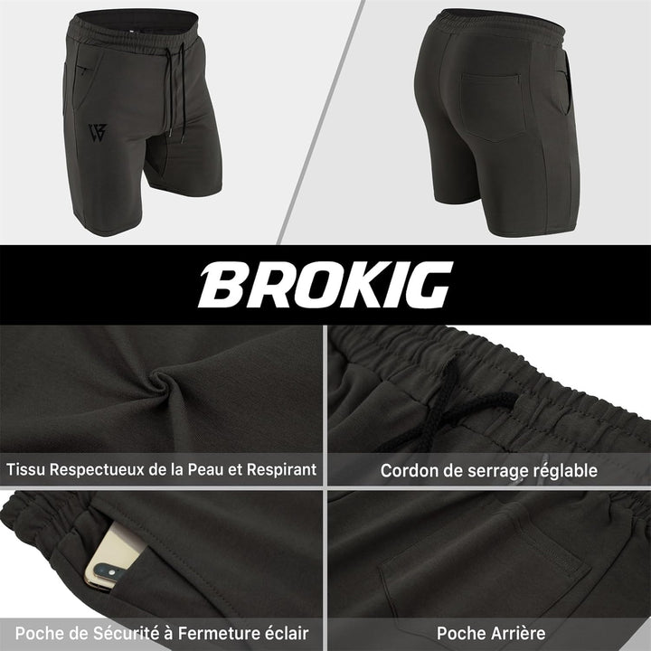 BROKIG Herren-Shorts, Sport, Baumwolle, Laufen, Krafttraining, Fitnessstudio, Fitness, elastischer B