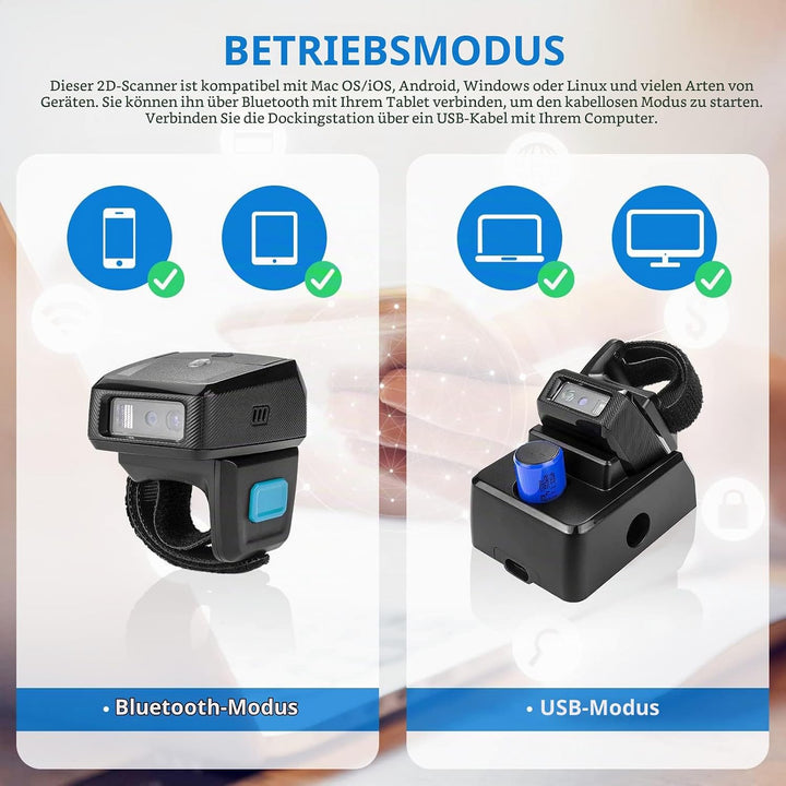 NETUM Mini Wireless 2D Ring Barcode Scanner Bluetooth, tragbarer Barcodeleser mit Ladestation und in