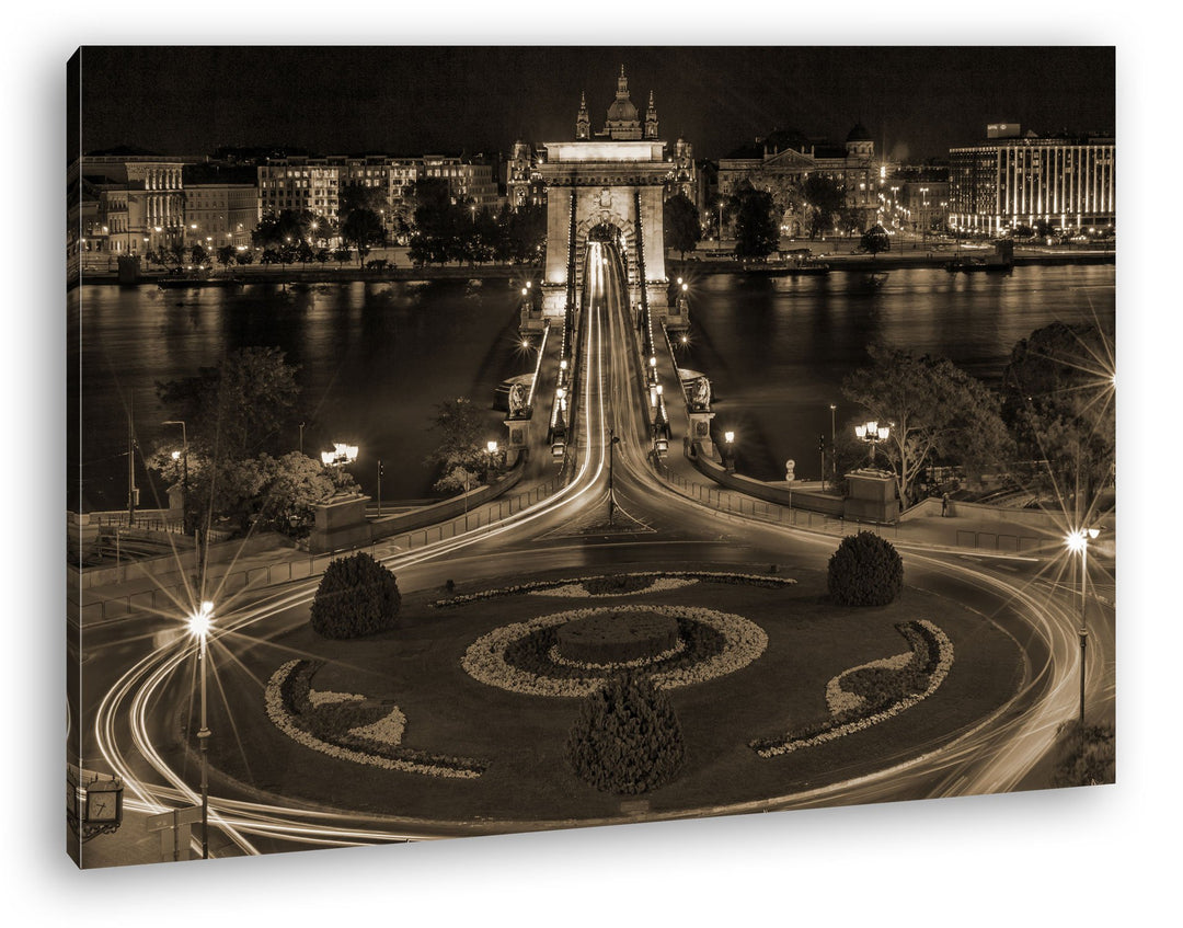 deyoli Kettenbrücke in Budapest bei Nacht Format: 60x40 Effekt: Sepia als Leinwandbild, Motiv fertig