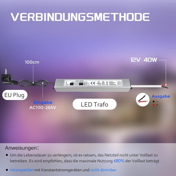 LED Trafo 12V 40W IP67 Wasserdicht Transformator mit Stecker, LED Netzteil Treiber 230V auf DC 12 Vo