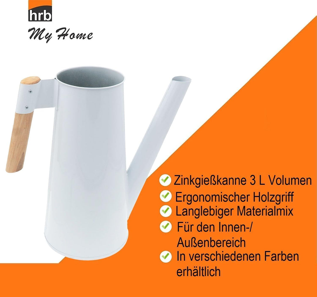 HRB Zinkgiesskanne 3 L mit Holzgriff für den Aussen-/Innenbereich, Giesskanne feuerverzinkt, Metallg