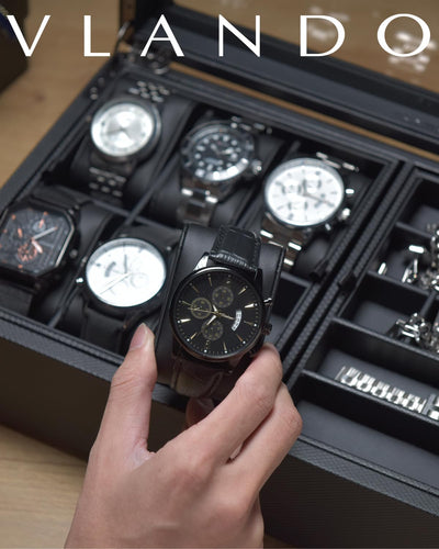 Vlando Uhrenbox Uhrenkasten mit Glasdecekel, Watch Box für Herren, Uhrenaufbewahrung Schmuckaufbewah