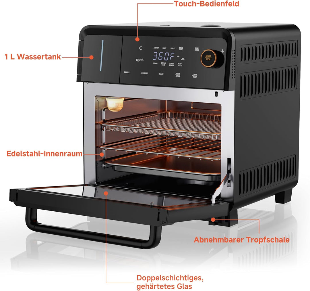OUNIN 18L Multifunktionsbackofen, 11-in-1 Dampfbackofen und Heissluftfritteuse, Zweigaren, 360° Umlu