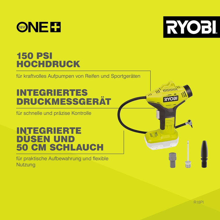RYOBI 18 V ONE+ Akku-Handkompressor R18PI-0 (max. Druck 10,3 bar, 50 cm Druckluftschlauch, ohne Akku