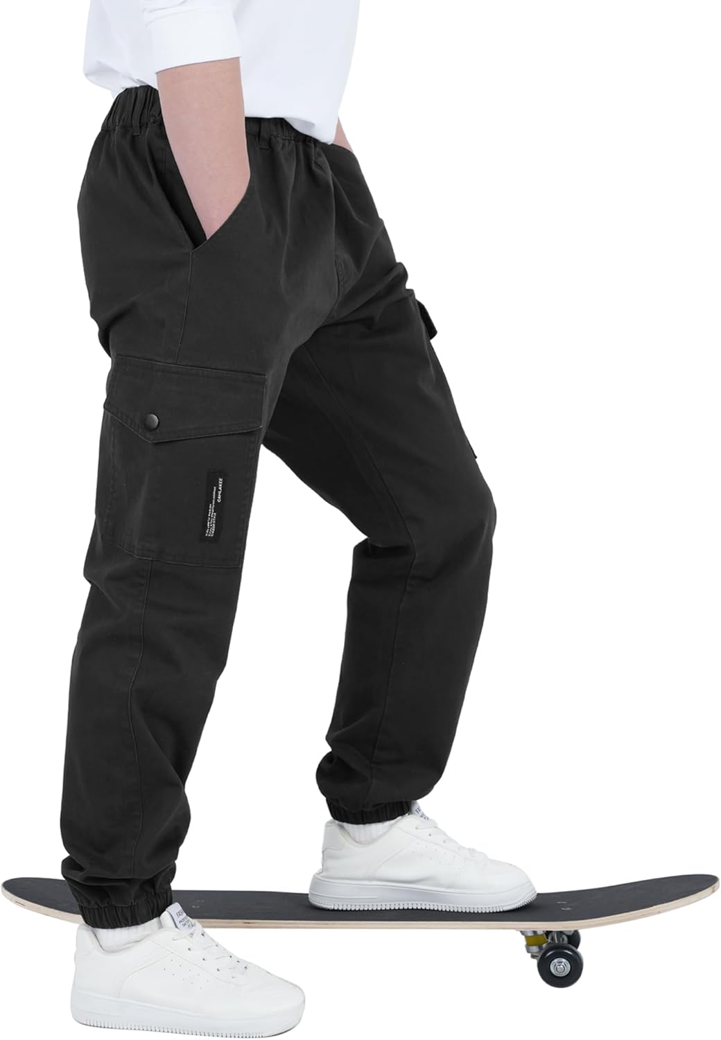 CAMLAKEE Kinder Jungen Cargohose Jogger Hose mit elastischem Bund 128-134 Schwarz, 128-134 Schwarz
