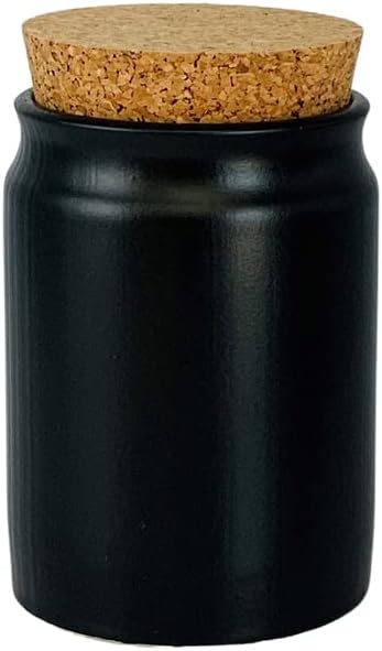 mikken 4x Gewürzdose Keramik schwarz rund 200 ml mit Korken Gewürzglas Steingut inkl. Holzlöffel + E