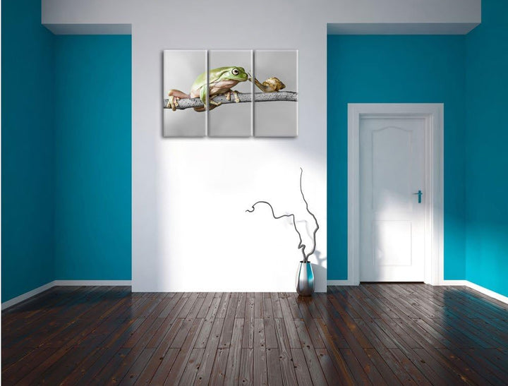 Pixxprint der Frosch und die Schnecke B&W Detail 3-Teiler Leinwandbild 120x80 Bild auf Leinwand