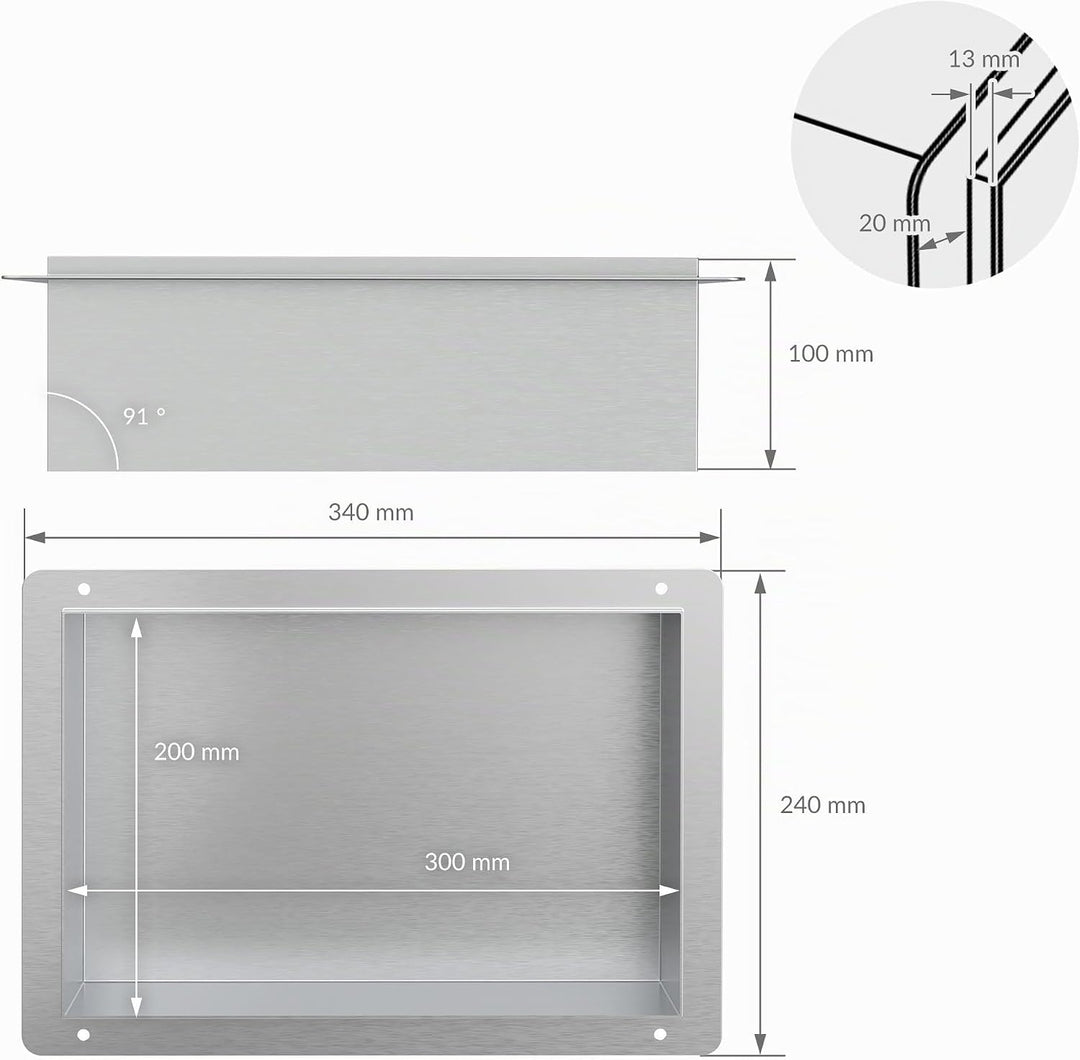 LuxeBath Wandnische aus Edelstahl, 20x30x10 cm, Silber, Duschnische, Randlos, Einbauregal, Flexibler
