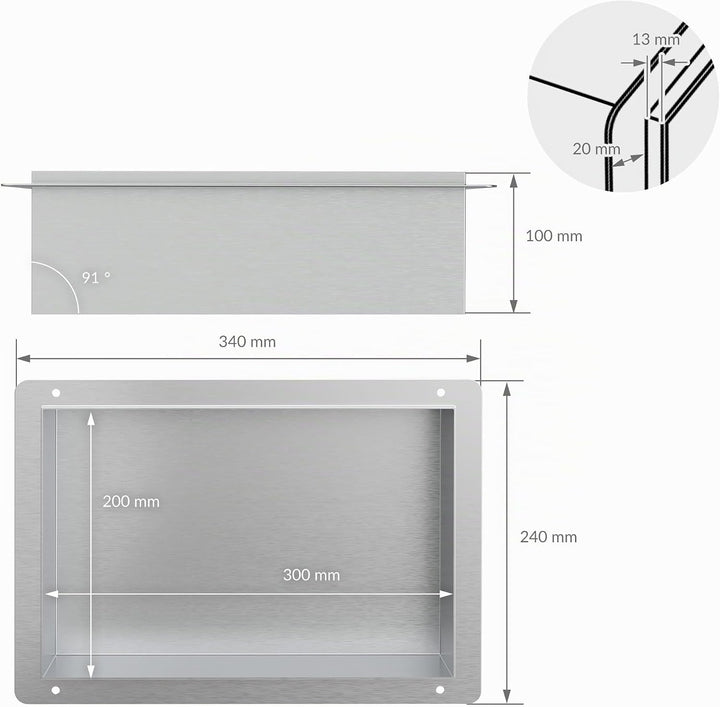 LuxeBath Wandnische aus Edelstahl, 20x30x10 cm, Silber, Duschnische, Randlos, Einbauregal, Flexibler