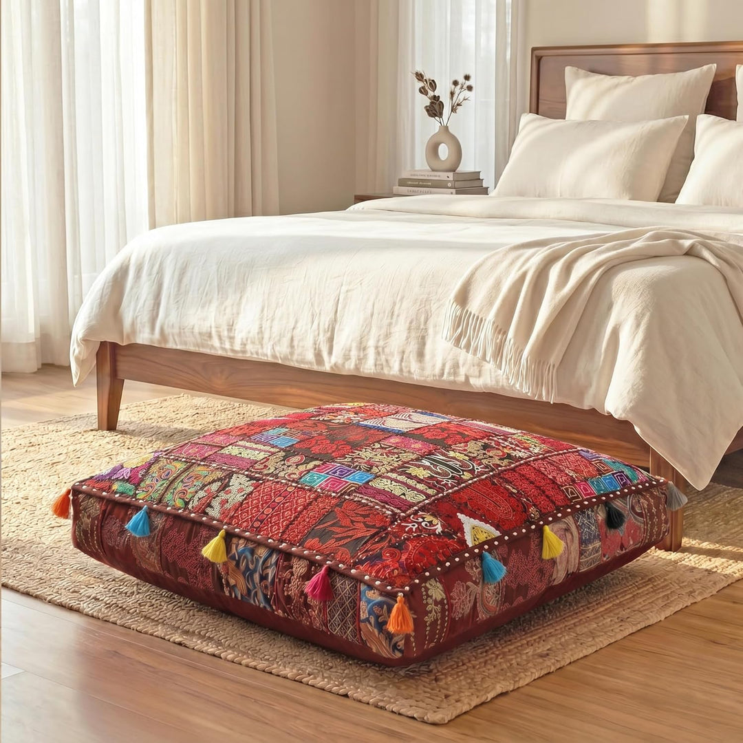 THE ART BOX 88 x 88 x 12 cm, Vintage-Patchwork, grosses Outdoor-Kissen, grosses Hundebett, Gartendek