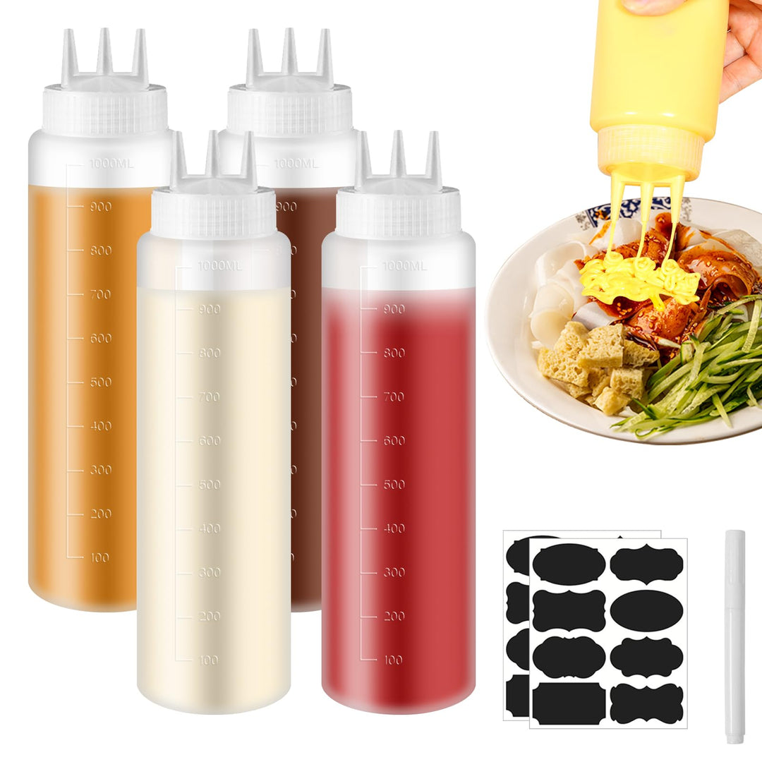 Vegena 4 Stück Quetschflasche 1000ml Squeeze Flasche, Quetschflaschen Aus Kunststoff Mit 3 Spritzdüs